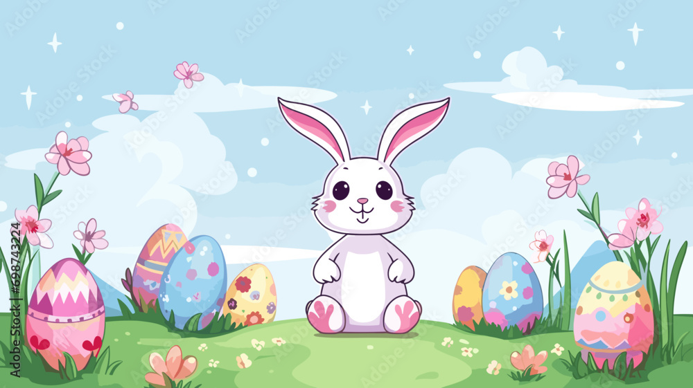 copy space, simple vector illustration, cute easter bunny painting easter eggs with a brush, cartoon hand drawn style appealing to children. Beautiful background for easter, invitation card, greeting copy space, simple vector illustration, cute easter bunny painting easter eggs with a brush, cartoon hand drawn style appealing to children. Beautiful background for easter, invitation card, greeting