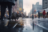 Urban rat exploring a bustling city alley at dusk.
