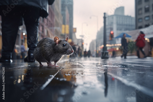 Urban rat exploring a bustling city alley at dusk. Fototapet
