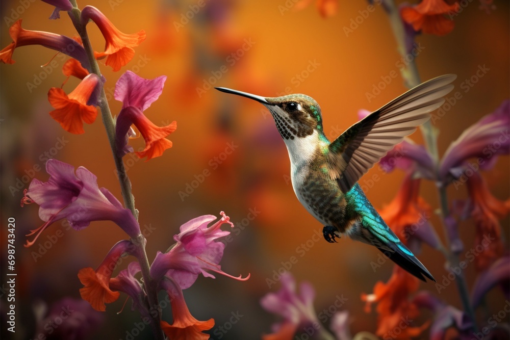 Fototapeta premium Floral dance hummingbirds portrait adorned with vibrant, blooming flowers