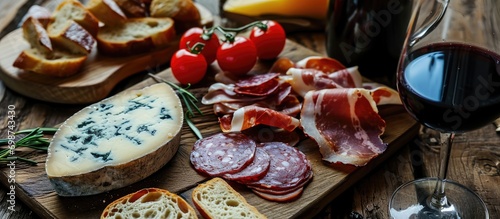 Traditional South Tyrolean appetizer with bacon, salami, mountain cheese, Schuettelbrot, and local red wine. photo