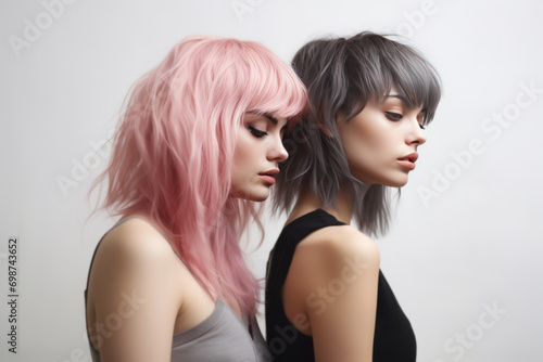 Portrait of two beautiful alternative girls with colored dyed hair