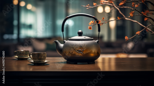 Traditional Japanese herbal tea made in old teapot photo