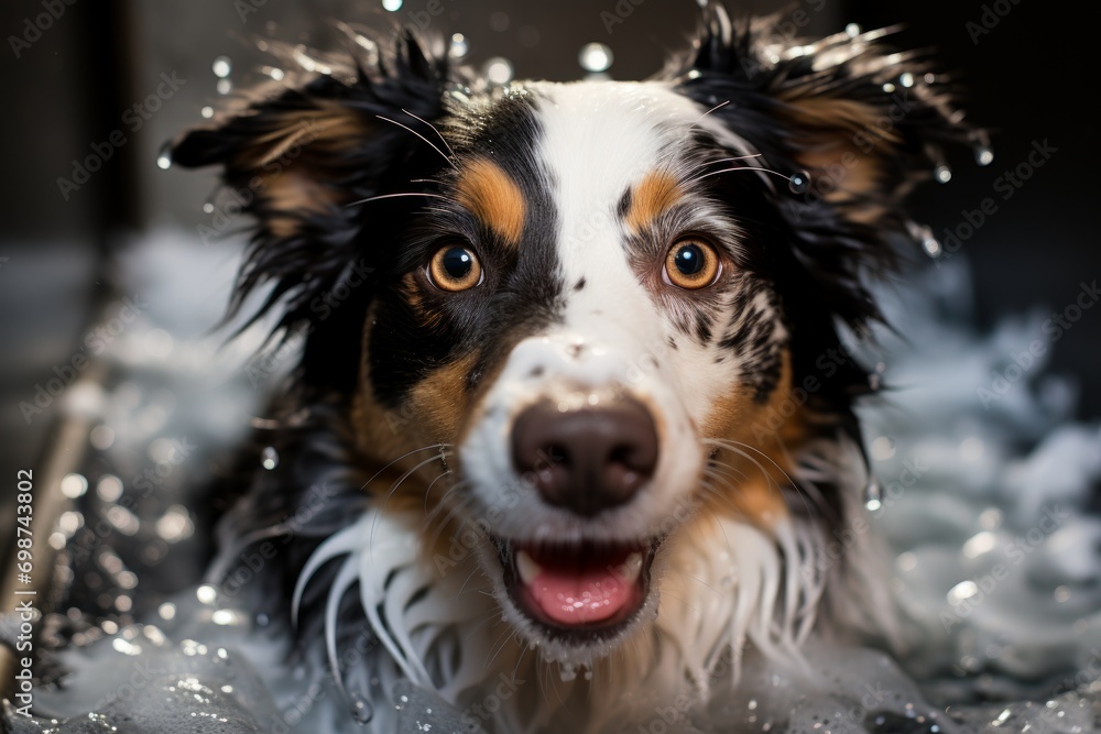 Dog in bath with foam, pet care.
