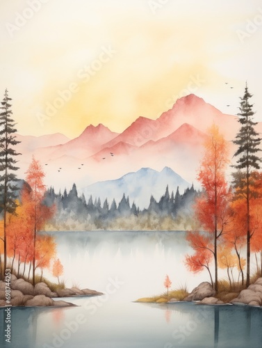Autumn Landscape with Mountains, Forests, and a Lake in Watercolor AI Generated