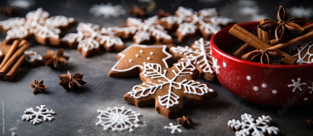 Christmas shaped cookies made from gingerbread dough on a floured counter Christmas shaped cookies made from gingerbread dough on a floured counter