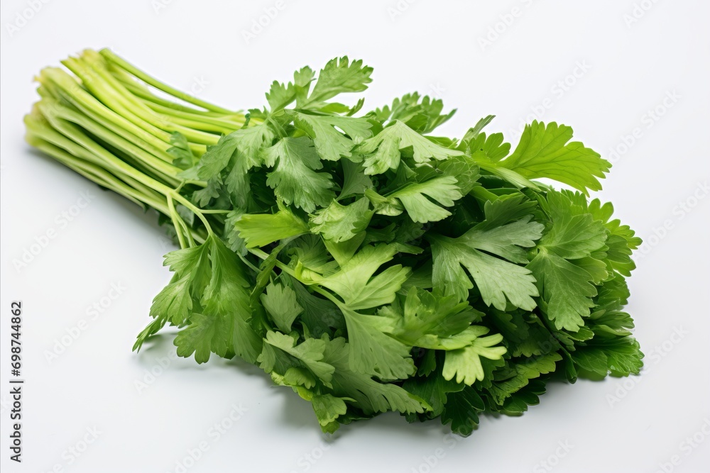 Fresh green celery stalks on clean white background for captivating ads packaging designs Fresh green celery stalks on clean white background for captivating ads packaging designs