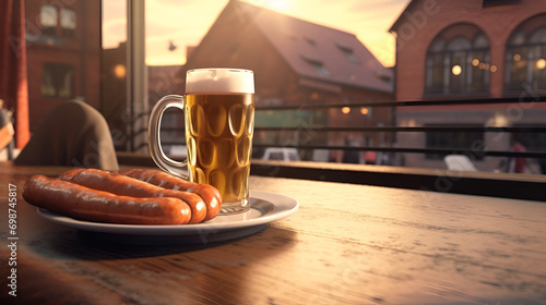 A glass of light beer with foam and fried sausages on a plate on a wooden bar table in a beer bar pub. Oktoberfest
