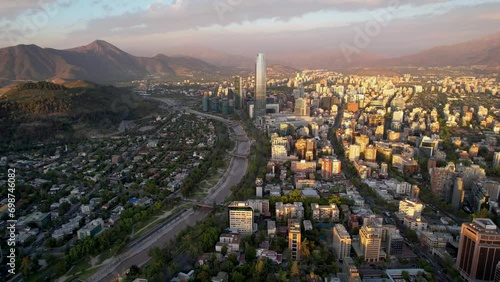 Beautiful aerial footage of the Plaza de Armas, Metropolitan Cathedral of Santiago de Chile, National History Museum of Chile, Central Market and the city of Santiago de  Chile photo