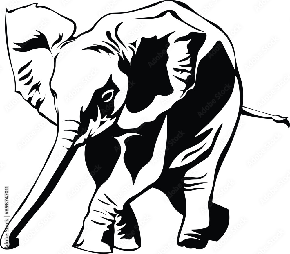 Cartoon Black and White Isolated Illustration Vector Of A Baby Elephant Running