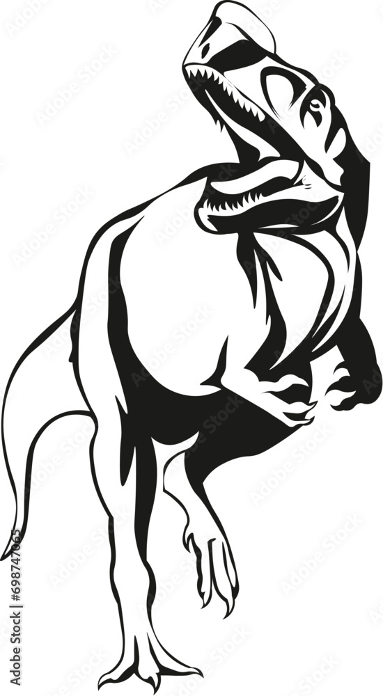 Cartoon Black and White Isolated Illustration Vector Of A Tyrannosaurus Rex Dinosaur