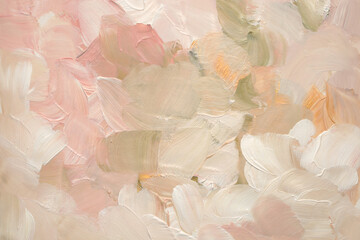 Art oil and acrylic smear blot canvas painting stucco wall. Abstract texture beige, pink pastel color stain brushstroke relief texture background.