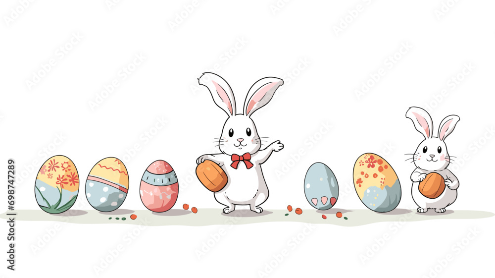 copy space, simple vector illustration set, cute easter bunny carrying easter eggs, isolated on white background, cartoon hand drawn style appealing to children. cartoon style appealing to children. B copy space, simple vector illustration set, cute easter bunny carrying easter eggs, isolated on white background, cartoon hand drawn style appealing to children. cartoon style appealing to children. B