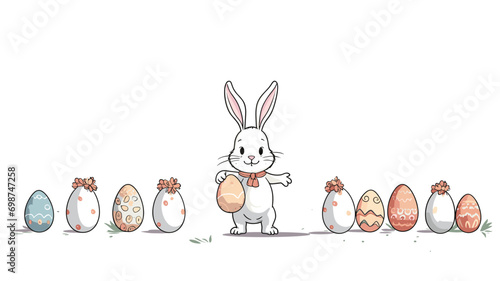 copy space, simple vector illustration set, cute easter bunny carrying easter eggs, isolated on white background, cartoon hand drawn style appealing to children. cartoon style appealing to children. B