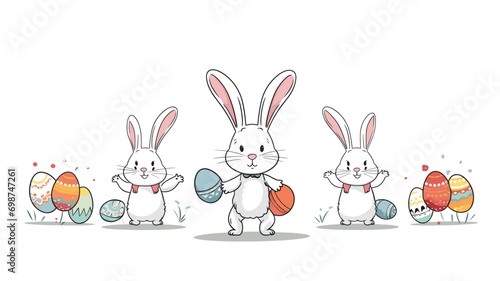 copy space, simple vector illustration set, cute easter bunny carrying easter eggs, isolated on white background, cartoon hand drawn style appealing to children. cartoon style appealing to children. B