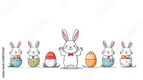 copy space, simple vector illustration set, cute easter bunny carrying easter eggs, isolated on white background, cartoon hand drawn style appealing to children. cartoon style appealing to children. B
