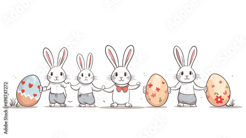 copy space, simple vector illustration set, cute easter bunny carrying easter eggs, isolated on white background, cartoon hand drawn style appealing to children. cartoon style appealing to children. B