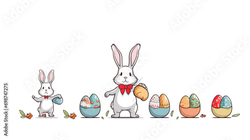 copy space, simple vector illustration set, cute easter bunny carrying easter eggs, isolated on white background, cartoon hand drawn style appealing to children. cartoon style appealing to children. B