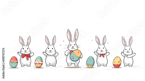copy space, simple vector illustration set, cute easter bunny carrying easter eggs, isolated on white background, cartoon hand drawn style appealing to children. cartoon style appealing to children. B