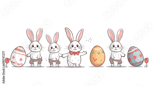 copy space, simple vector illustration set, cute easter bunny carrying easter eggs, isolated on white background, cartoon hand drawn style appealing to children. cartoon style appealing to children. B