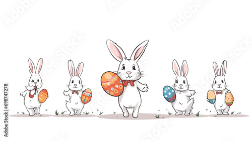 copy space, simple vector illustration set, cute easter bunny carrying easter eggs, isolated on white background, cartoon hand drawn style appealing to children. cartoon style appealing to children. B