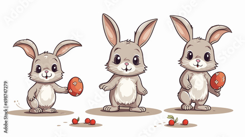 copy space, simple vector illustration set, cute easter bunny carrying easter eggs, isolated on white background, cartoon hand drawn style appealing to children. cartoon style appealing to children. B