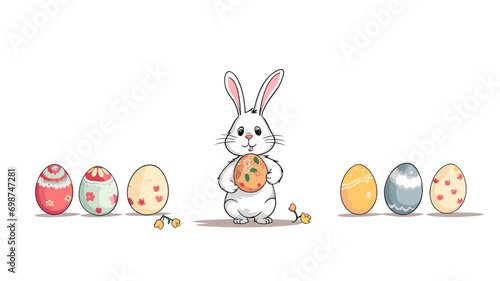 copy space, simple vector illustration set, cute easter bunny carrying easter eggs, isolated on white background, cartoon hand drawn style appealing to children. cartoon style appealing to children. B