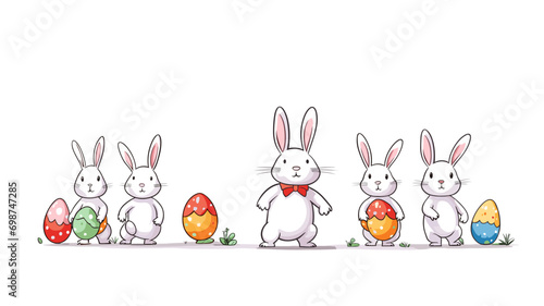 copy space, simple vector illustration set, cute easter bunny carrying easter eggs, isolated on white background, cartoon hand drawn style appealing to children. cartoon style appealing to children. B
