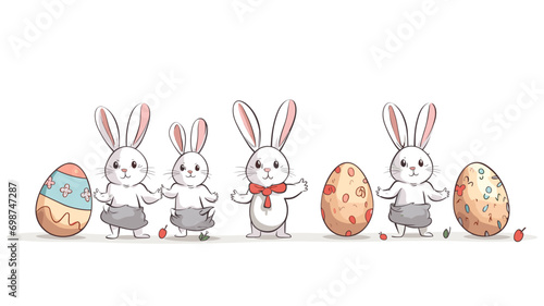 copy space, simple vector illustration set, cute easter bunny carrying easter eggs, isolated on white background, cartoon hand drawn style appealing to children. cartoon style appealing to children. B