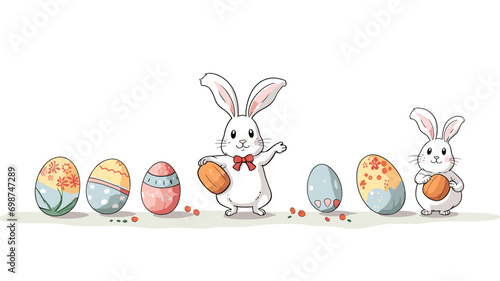 copy space, simple vector illustration set, cute easter bunny carrying easter eggs, isolated on white background, cartoon hand drawn style appealing to children. cartoon style appealing to children. B
