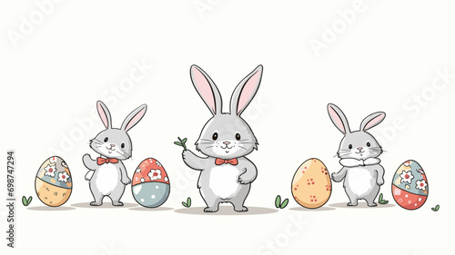 copy space, simple vector illustration set, cute easter bunny carrying easter eggs, isolated on white background, cartoon hand drawn style appealing to children. cartoon style appealing to children. B