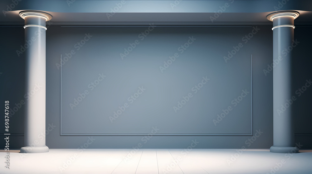 Beautiful gray-blue empty wall with side-lit columns. Simple background for product display Beautiful gray-blue empty wall with side-lit columns. Simple background for product display