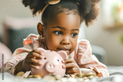 Little african-american girl saving money to piggybank.