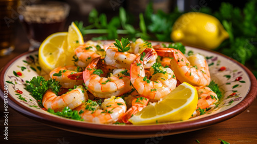 Plate of shrimp scampi sauteed in butter and garlic