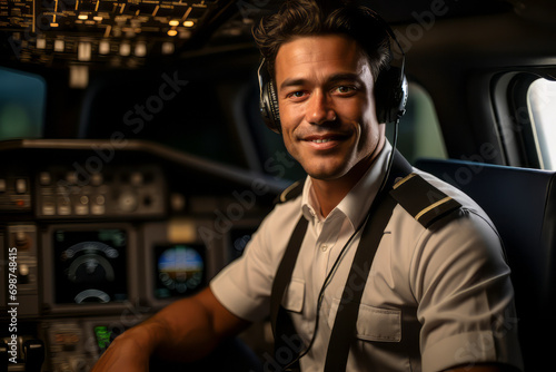 Generative AI illustration of smiling male pilot with headset sitting in the cockpit of an airplane looking at camera photo