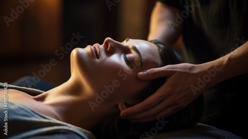 Woman Engaging in Emotional Freedom Technique Therapy. Focused woman uses Emotional Freedom Techniques EFT , tapping on acupressure points. photo