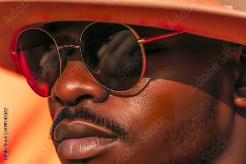 Generative AI illustration of close-up portrait of a Black man wearing sunglasses and a stylish hat against an orange backdrop photo