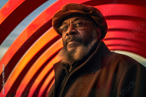Generative AI illustration of elderly Black man with a beard wearing glasses and a beret with a striking red and orange striped background photo