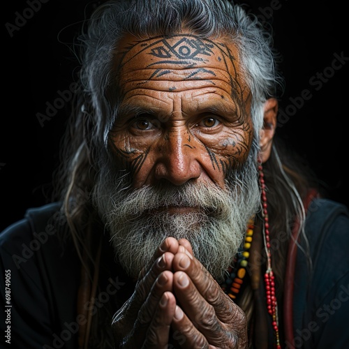 ancient wisdom: spiritual elder with a prayerful gesture