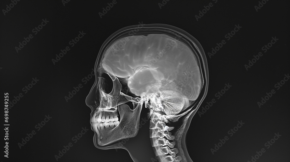film X-Ray scan human adult skull,face and brain film X-Ray scan human adult skull,face and brain