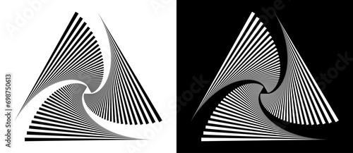 Geometric triangle shape with lines as modern design element, logo or icon. Black shape on a white background and the same white shape on the black side.