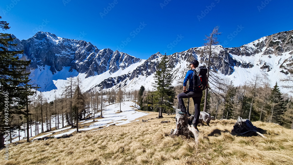Fototapeta premium Hiker man standing on trunk on Ogrisalm enjoying scenic view of Karawanks mountains in Carinthia, Austria. Looking at snow capped summit of Vertatscha and Hochstuhl. Remote alpine cottage in Bodental