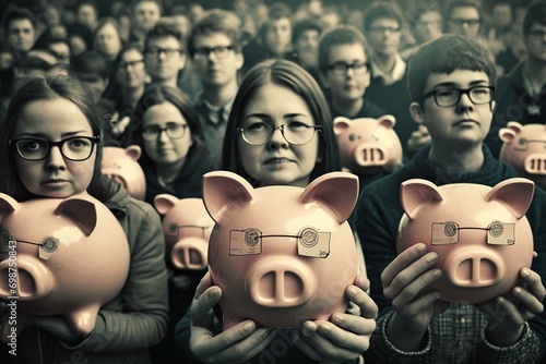 Graduate students clutching piggy banks in a symbolic show of saving for the future. Generative AI