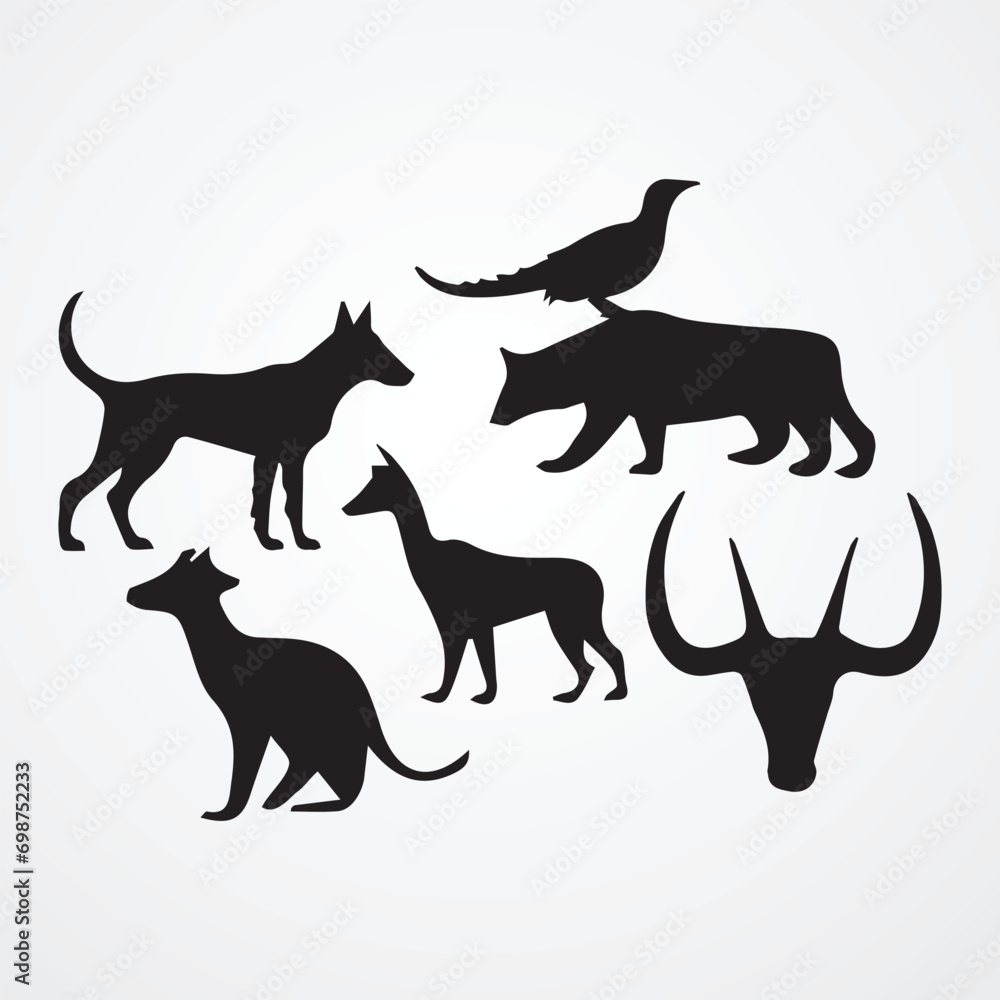 animals silhouette set white background vector elements