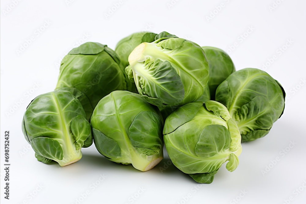 Fresh brussels sprouts on white backdrop for ads captivating packaging, visually striking Fresh brussels sprouts on white backdrop for ads captivating packaging, visually striking