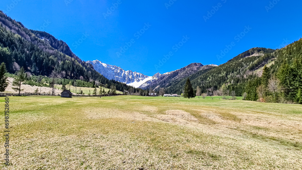 Alpine meadow of the Maerchenwiese with panoramic view of Karawanks mountains in Carinthia, Austria. Looking at snow capped summit of Vertatscha and Hochstuhl. Remote alpine landscape in Bodental