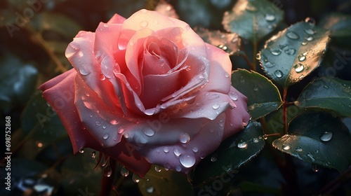 A realistic texture synthesis of glistening dewdrops on the petals of a delicate, morning rose