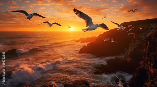 Möwen fliegen im Sonnenuntergang an einer Steilküste, goldene Stunde mit goldenem Licht an der Meeresküste photo