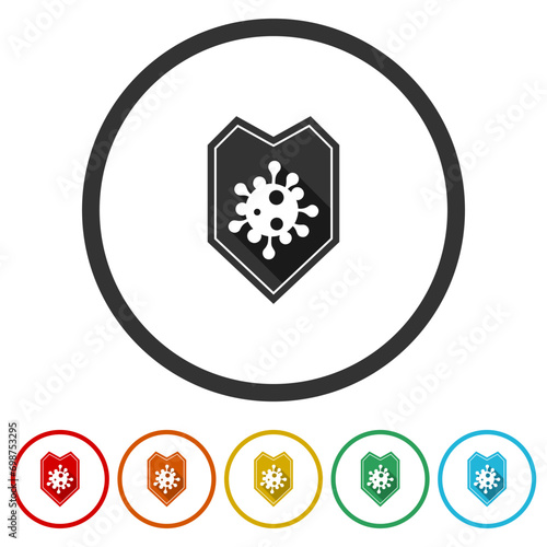 Virus and shield, antibacterial protection icon. Set icons in color circle buttons