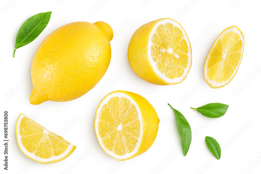 Ripe lemon with slices isolated on white background with full depth of field. Top view. Flat lay